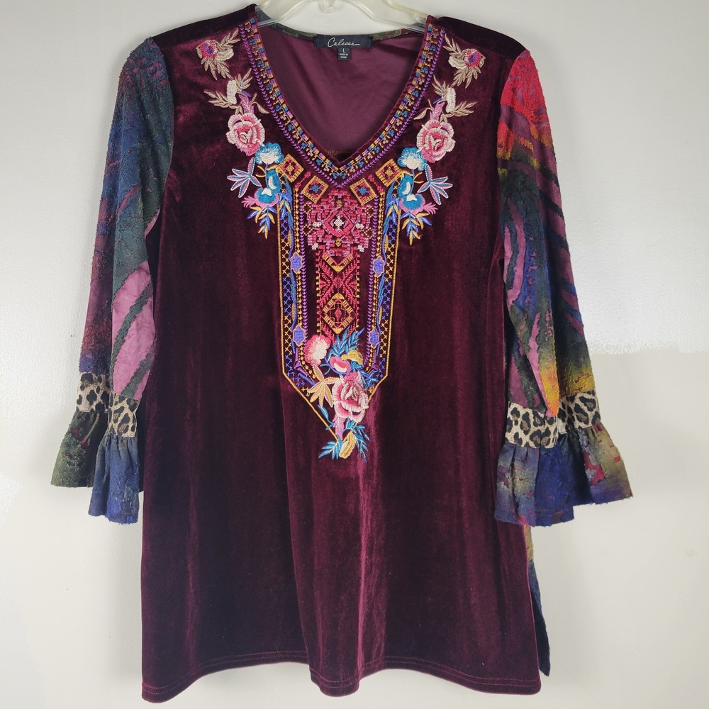 Calesaa Womens Velvet Embroidered Tunic Top Burgundy Mixed Media Boho Large